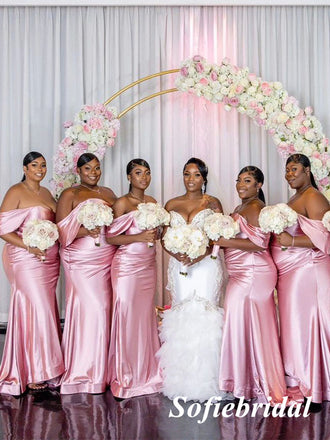 Sexy Soft Satin Off Shoulder Sleeveless Mermaid Floor Length Bridesmaid Dresses, SFWG00541