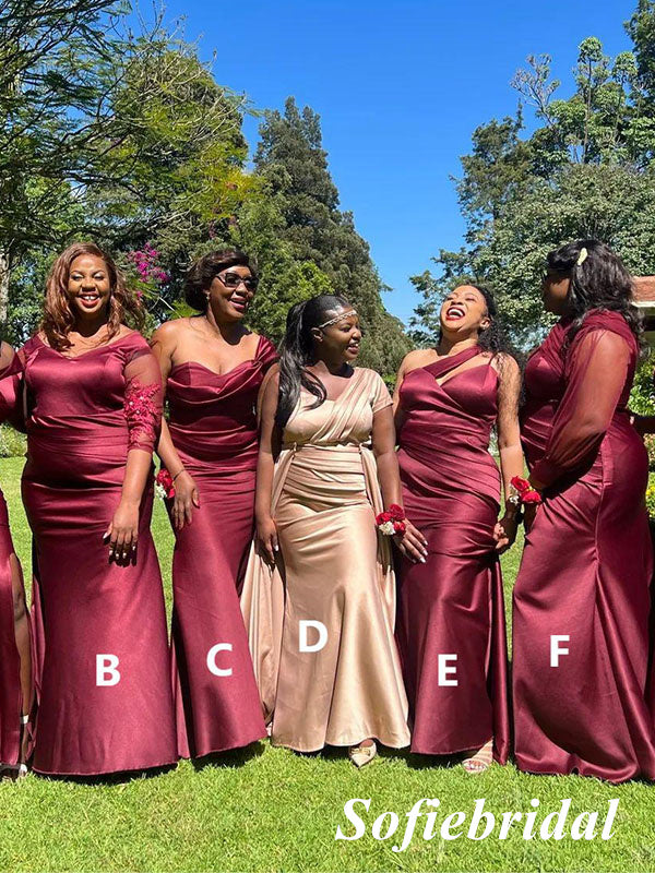 Sexy Mismatched Burgandy Soft Satin Mermaid Floor Length Bridesmaid Dresses, SFWG00531 Sexy Mismatched Burgandy Soft Satin Mermaid Floor Length Bridesmaid Dresses, SFWG00531