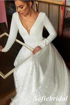 A-Line V-Neck Long Sleeves Pink Tulle Wedding Dresses with Lace Appliques,SFWD0052
