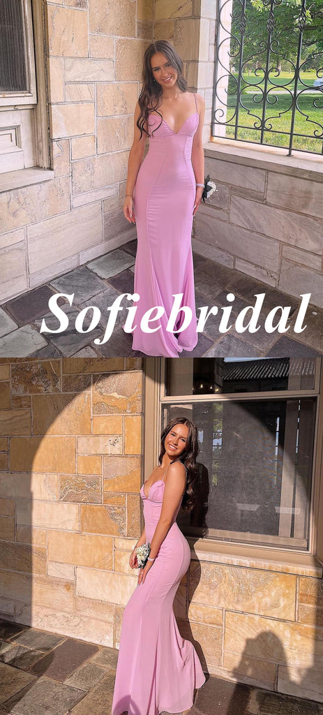 Sexy Gummy Pink Jersey Spaghetti Straps V-Neck Sleeveless Mermaid Floor Length Prom Dress, PD01064