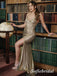 Sexy Sequin Spaghetti Straps V-Neck Sleeveless Side Slit Mermaid Long Prom Dresses, PD0904