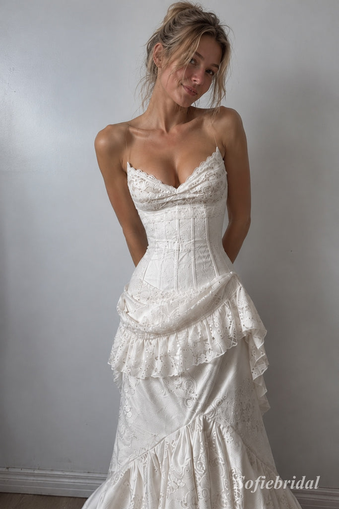 Sweetheart Spaghetti Strap Lace Mermaid Wedding Dress, Ruffled Tiered Skirt Floor Length Bridal Gown,SFWD0118