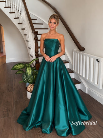 Emerald Strapless Tube Top Satin A-Line Gown, Luxe Shiny Formal Prom Dress, PD13950