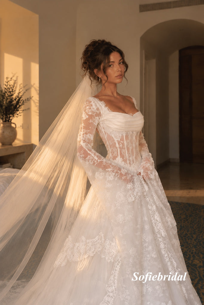 Square Neck Long Sleeve Lace A-Line Wedding Dress, Sheer Corset Bridal Gown With Train, SFWD0154