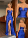 Royal Blue Strapless Plunge Satin Mermaid Gown, Side Slit Ruched Evening Dress, PD13940
