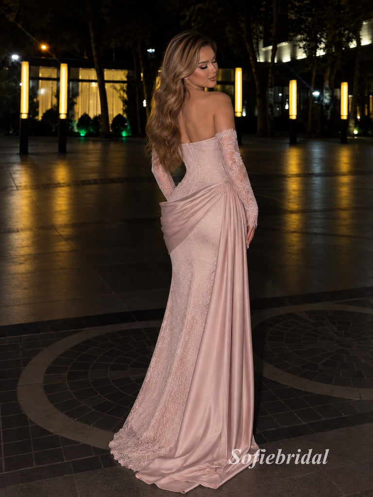 Strapless Lace Mermaid Evening Dress, Detachable Long Lace Sleeves With Draped Satin Sash Formal Gown, PD13957