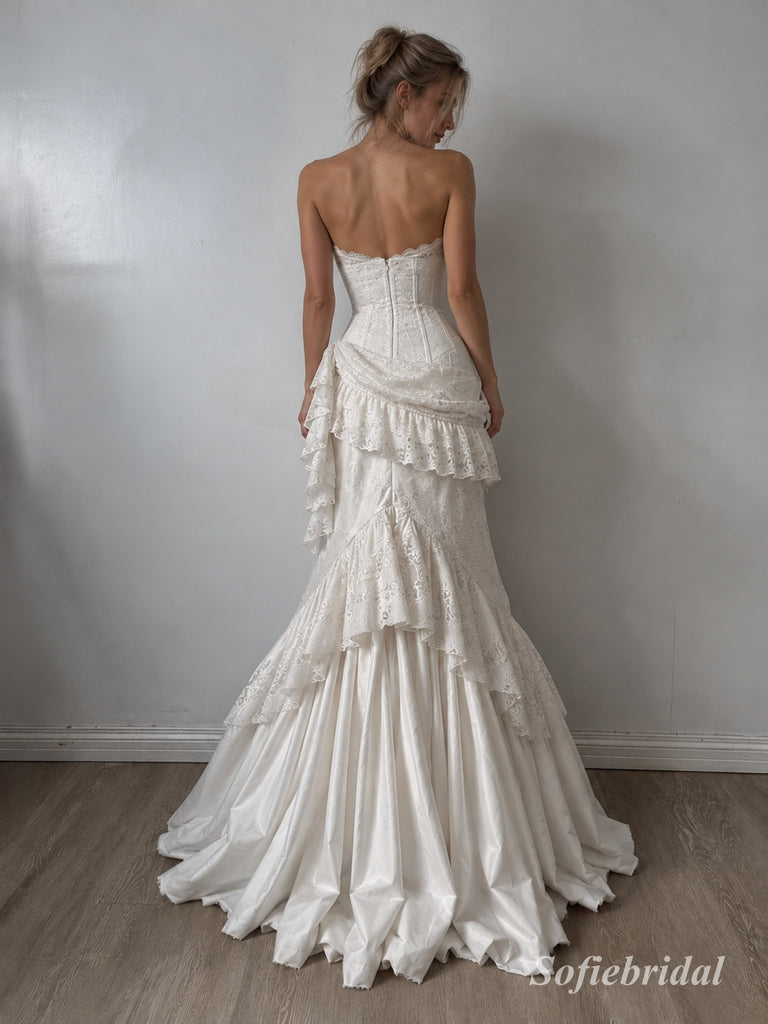 Sweetheart Spaghetti Strap Lace Mermaid Wedding Dress, Ruffled Tiered Skirt Floor Length Bridal Gown,SFWD0118