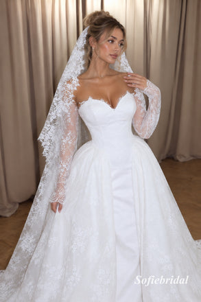 Off Shoulder Sweetheart Lace Ball Gown Wedding Dress, Long Sleeve Corset Bridal Dress, SFWD0153