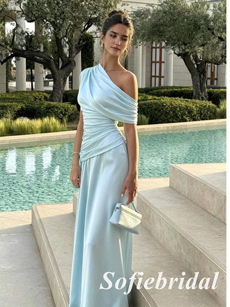 Light Blue One Shoulder Satin Prom Dress | Elegant Ruched Formal Evening Gown, PD01275