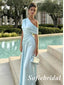 Light Blue One Shoulder Satin Prom Dress | Elegant Ruched Formal Evening Gown, PD01275