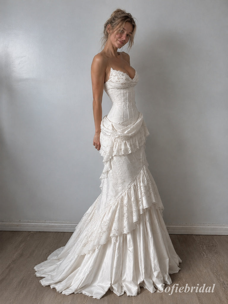 Sweetheart Spaghetti Strap Lace Mermaid Wedding Dress, Ruffled Tiered Skirt Floor Length Bridal Gown,SFWD0118