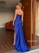Royal Blue Strapless Plunge Satin Mermaid Gown, Side Slit Ruched Evening Dress, PD13940