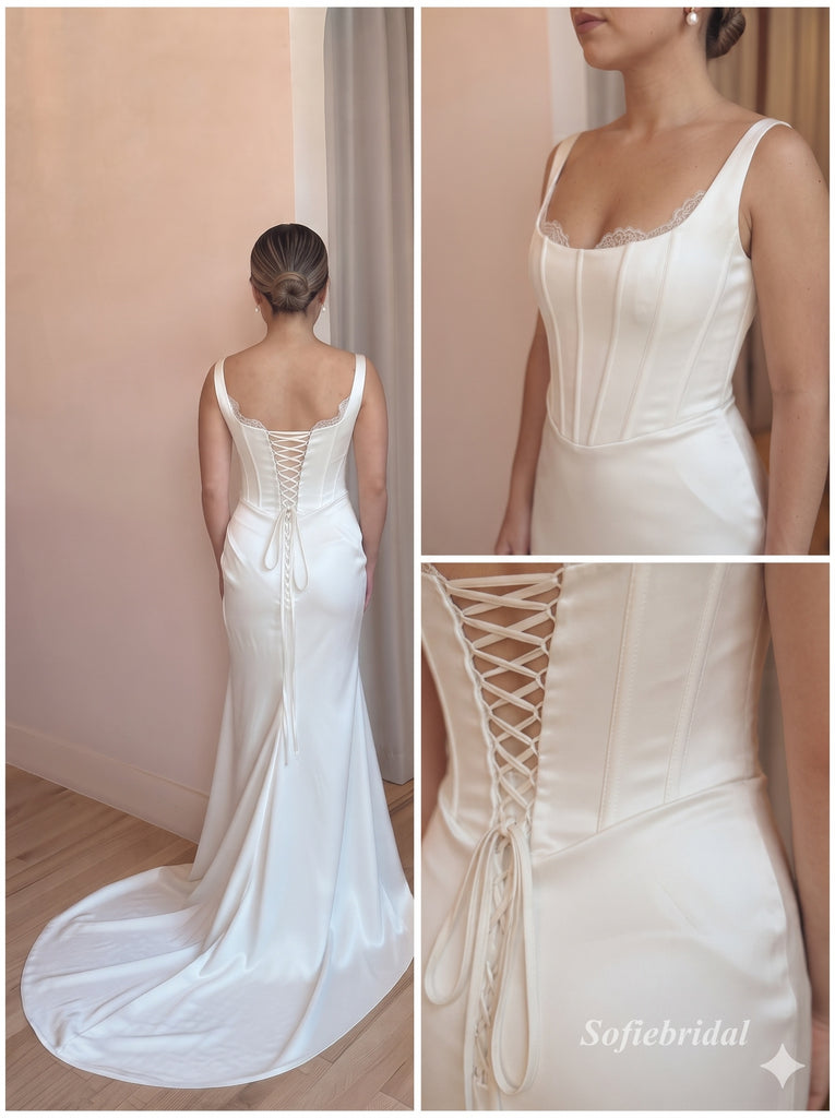 Square Neck Strap Satin Mermaid Wedding Gown, Corset Fitted Bridal Dress,SFWD0126