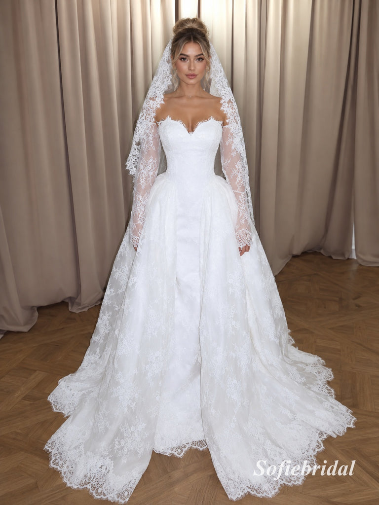 Off Shoulder Sweetheart Lace Ball Gown Wedding Dress, Long Sleeve Corset Bridal Dress, SFWD0153