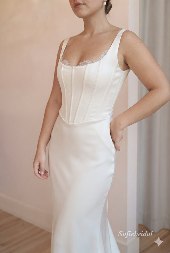 Square Neck Strap Satin Mermaid Wedding Gown, Corset Fitted Bridal Dress,SFWD0126