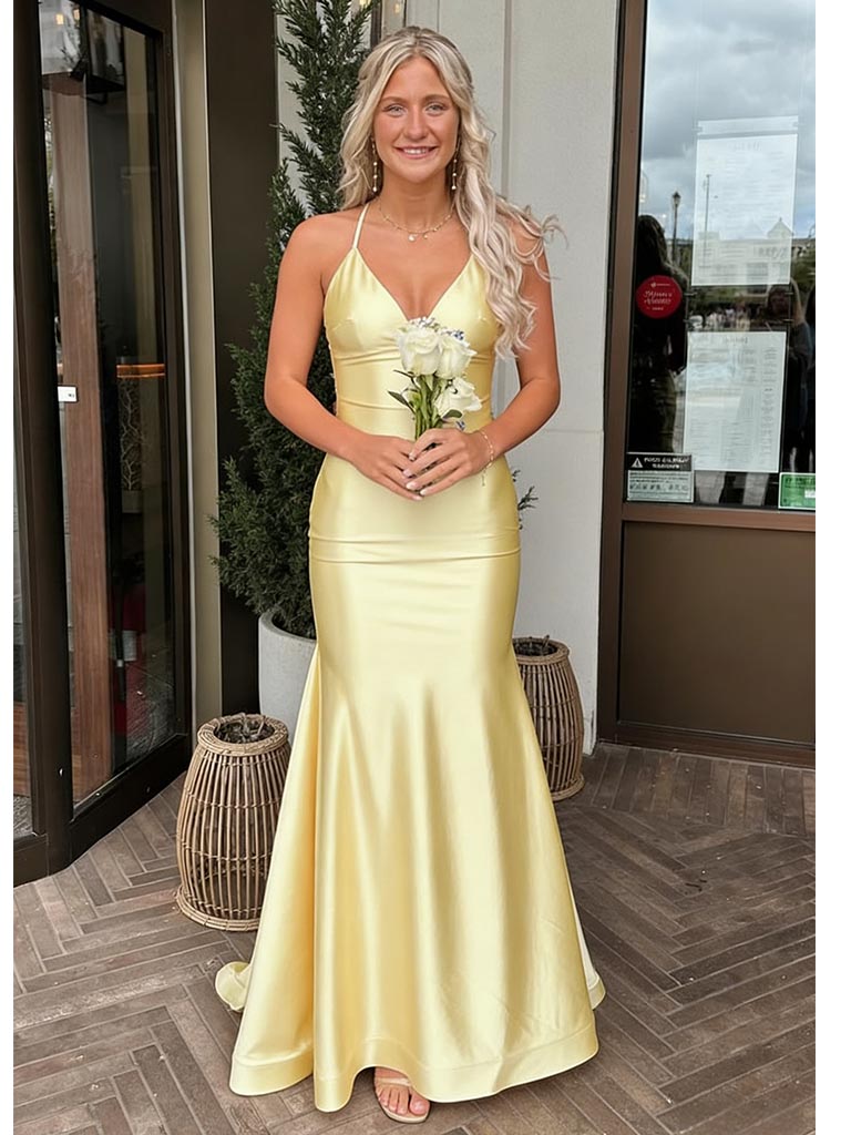 Butter Yellow Satin Spaghetti Strap Mermaid Evening Gown with Open Back, PD01224