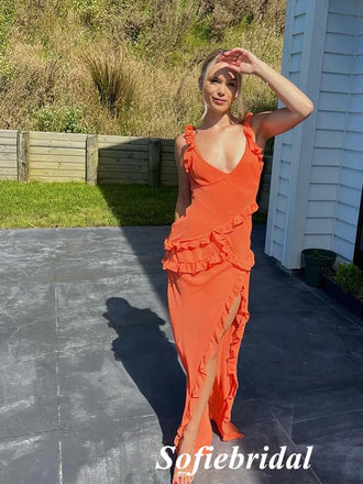 Sexy Orange Spaghetti Straps V-Neck Side Slit Mermaid Floor Length Prom Dress, PD01036