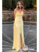 Simple Pale Yellow Twist Front V-Neck Satin Mermaid Maxi Dress with High Slit, PD01241