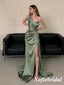 Sexy Soft Satin One Shoulder Side Slit Floor Length Bridesmaid Dresses, SFWG00588