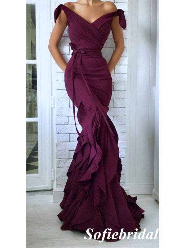Sexy Jersey Mermaid Off Shoulder V-Neck Stretchy Long Formal Prom Dresses, PD0913