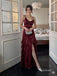 Burgundy Spaghetti Strap V Neck Satin Mermaid Dress, Ruffle Slit Evening Prom Gown, PD13931