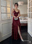 Burgundy Spaghetti Strap V Neck Satin Mermaid Dress, Ruffle Slit Evening Prom Gown, PD13931