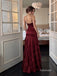 Burgundy Spaghetti Strap V Neck Satin Mermaid Dress, Ruffle Slit Evening Prom Gown, PD13931