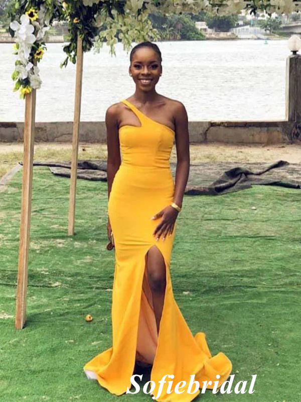 Sexy Soft Satin One Shoulder Side Slit Floor Length Bridesmaid Dresses With Train, SFWG00587 Sexy Soft Satin One Shoulder Side Slit Floor Length Bridesmaid Dresses With Train, SFWG00587