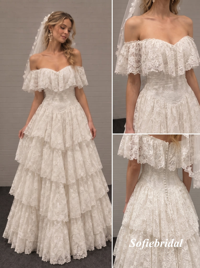 Off Shoulder Sweetheart Tiered Lace Ball Gown Wedding Dress, Ruffle Bridal Gown, SFWD0155
