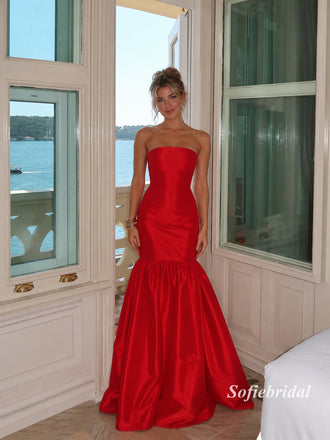 Red Strapless Ruched Mermaid Satin Gown, Ruffle Hem Formal Evening Prom Dress, PD13951