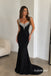 Beaded Spaghetti Strap Mermaid Evening Dress, Deep V Black Formal Gown, PD13965