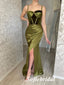 Sexy Soft Satin And Velvet Spaghetti Straps  Side Slit Mermaid Long Prom Dresses, PD0946