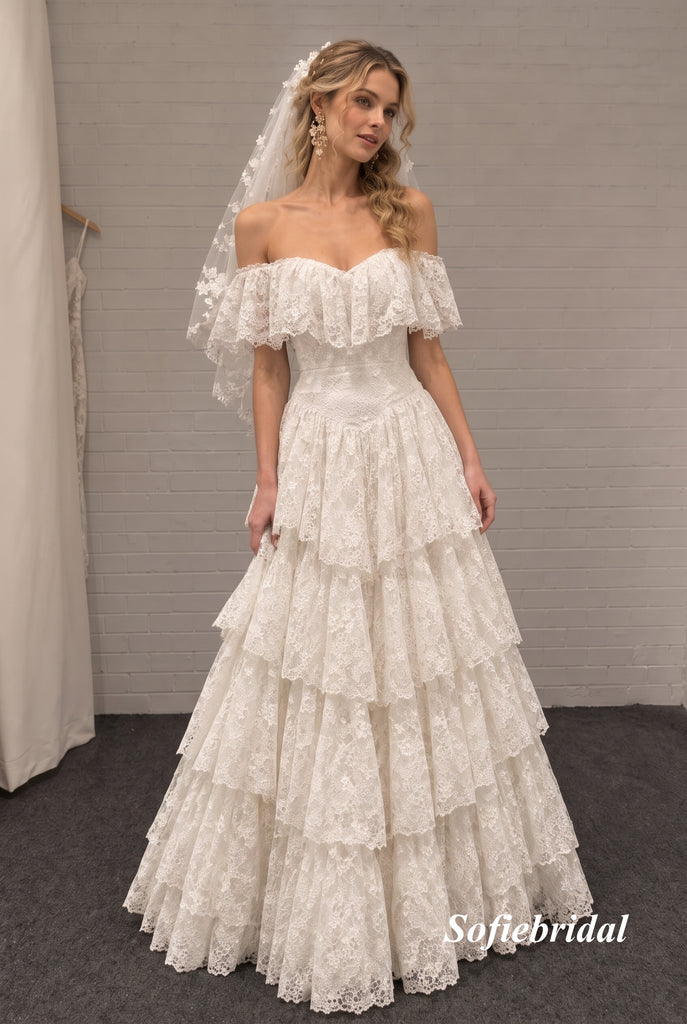 Off Shoulder Sweetheart Tiered Lace Ball Gown Wedding Dress, Ruffle Bridal Gown, SFWD0155