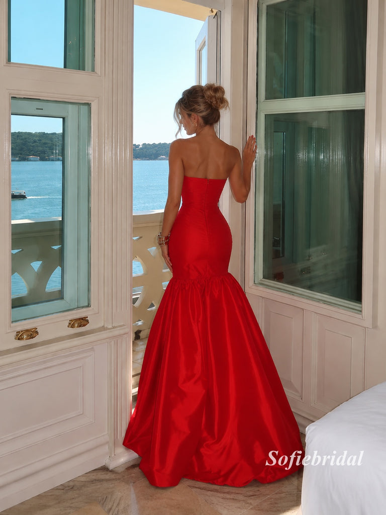 Red Strapless Ruched Mermaid Satin Gown, Ruffle Hem Formal Evening Prom Dress, PD13951