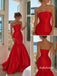 Red Strapless Ruched Mermaid Satin Gown, Ruffle Hem Formal Evening Prom Dress, PD13951