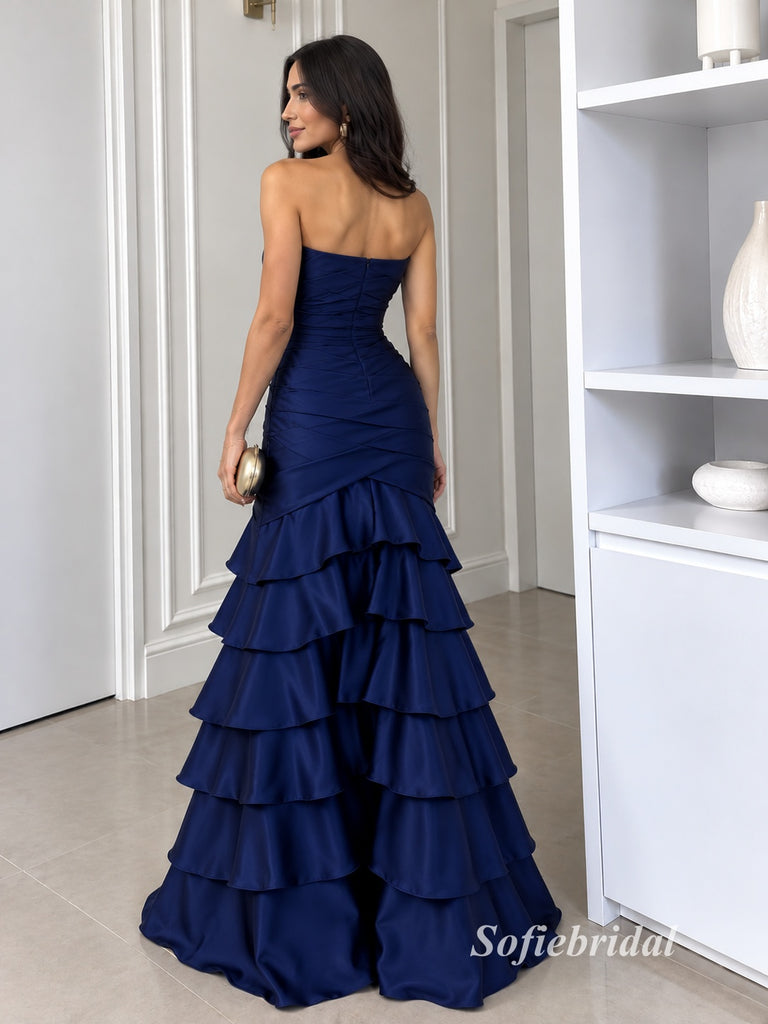 Strapless Satin Mermaid Evening Dress, Ruched Bodice Tiered Ruffle Skirt Formal Prom Gown, PD13958
