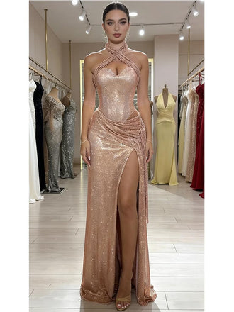 Shiny Special Fabric Halter Sleeveless Side Slit Mermaid Maxi Prom Dress/Graduation Dresses, PD01182