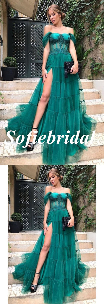 Sexy Tulle Off Shoulder Spaghetti Straps Side Slit A-Line Long Prom Dresses With Applique, PD0939