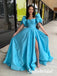 Elegant Satin Half Sleeves Side Slit A-Line Floor Length Prom Dress With Bow Tie, PD01042