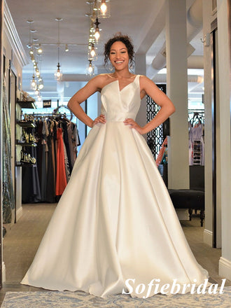 Sexy White Satin One Shoulder A-Line Long Prom Dresses, PD0937