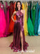 Sexy Special Fabric Halter Sleeveless Open Back Side Slit A-Line Floor Length Prom Dress, PD01040