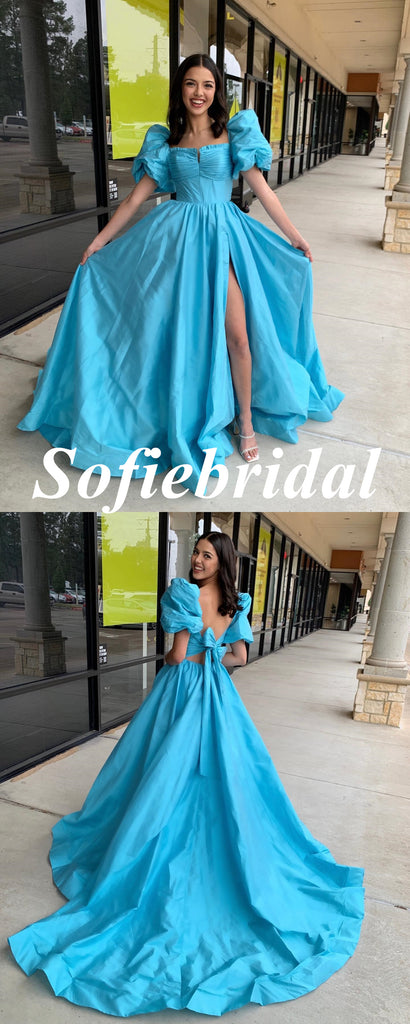 Elegant Satin Half Sleeves Side Slit A-Line Floor Length Prom Dress With Bow Tie, PD01042