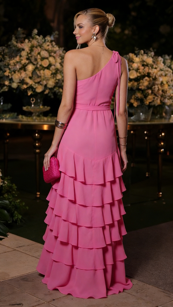 Sexy Chiffon One Shoulder Sleeveless Ruffle A-Line Maxi Prom Dress, PD01164