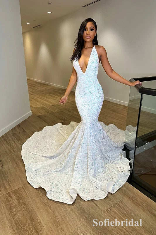 Sexy Sequin V-Neck Sleeveless Lace Up Back Mermaid Long Prom Dresses, PD0888