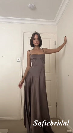 Simple Dusty-Grey Soft Satin Spaghetti Strap Minimalist Maxi Dress, PD01246