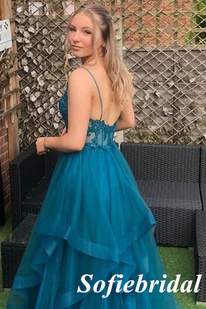 Tulle And Lace Spaghetti Straps V-Neck Sleeveless A-Line Long Prom Dresses, PD0985