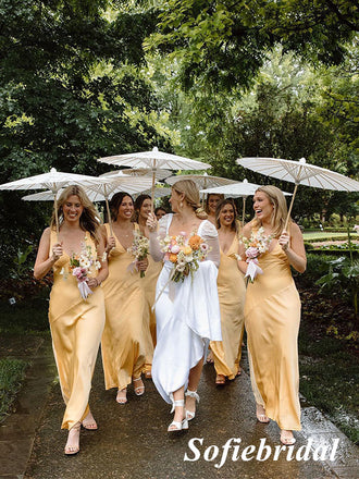 Sexy Soft Stin Spaghetti Straps V-Neck Sleeveless Mermaid Ankel Length Bridesmaid Dresses, SFWG00527