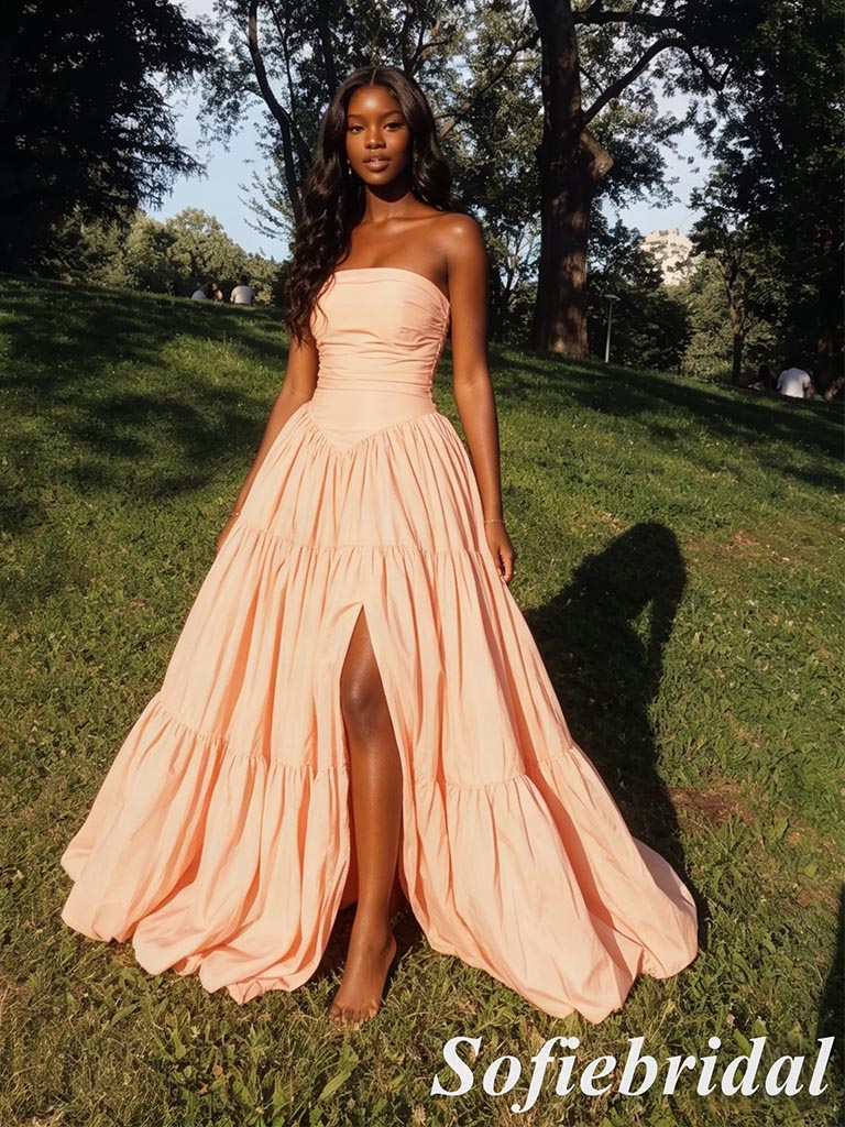 Peach Strapless Ruched Tiered A-Line Prom Dress Long Formal Evening Gown, PD01281