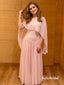Light Pink Cape Sleeve Chiffon A Line Flowy Evening Dress, PD13970