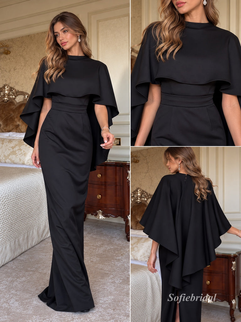 Black High Neck Cape Sleeve Mermaid Evening Gown, Slim Fit Formal Prom Dress, PD13932